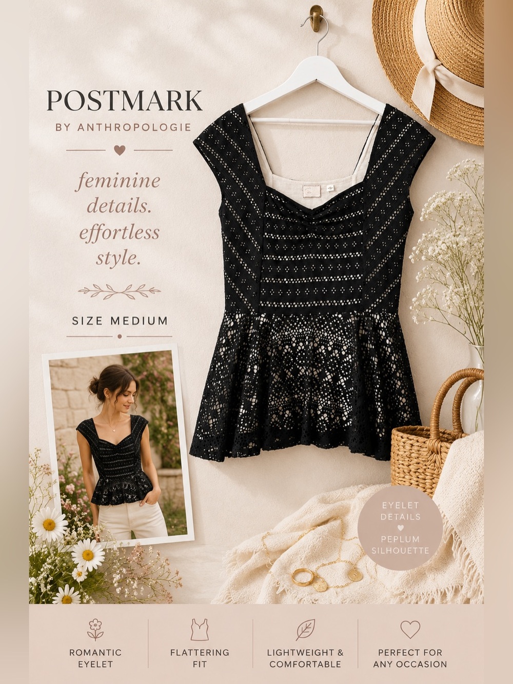 Anthropologie Postmark Eyelet Peplum Top Black White Medium Cottagecore Boho